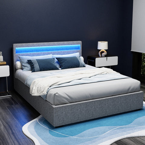 Artiss Bed Frame Queen Size LED Gas Lift Grey COLE Chez Guru