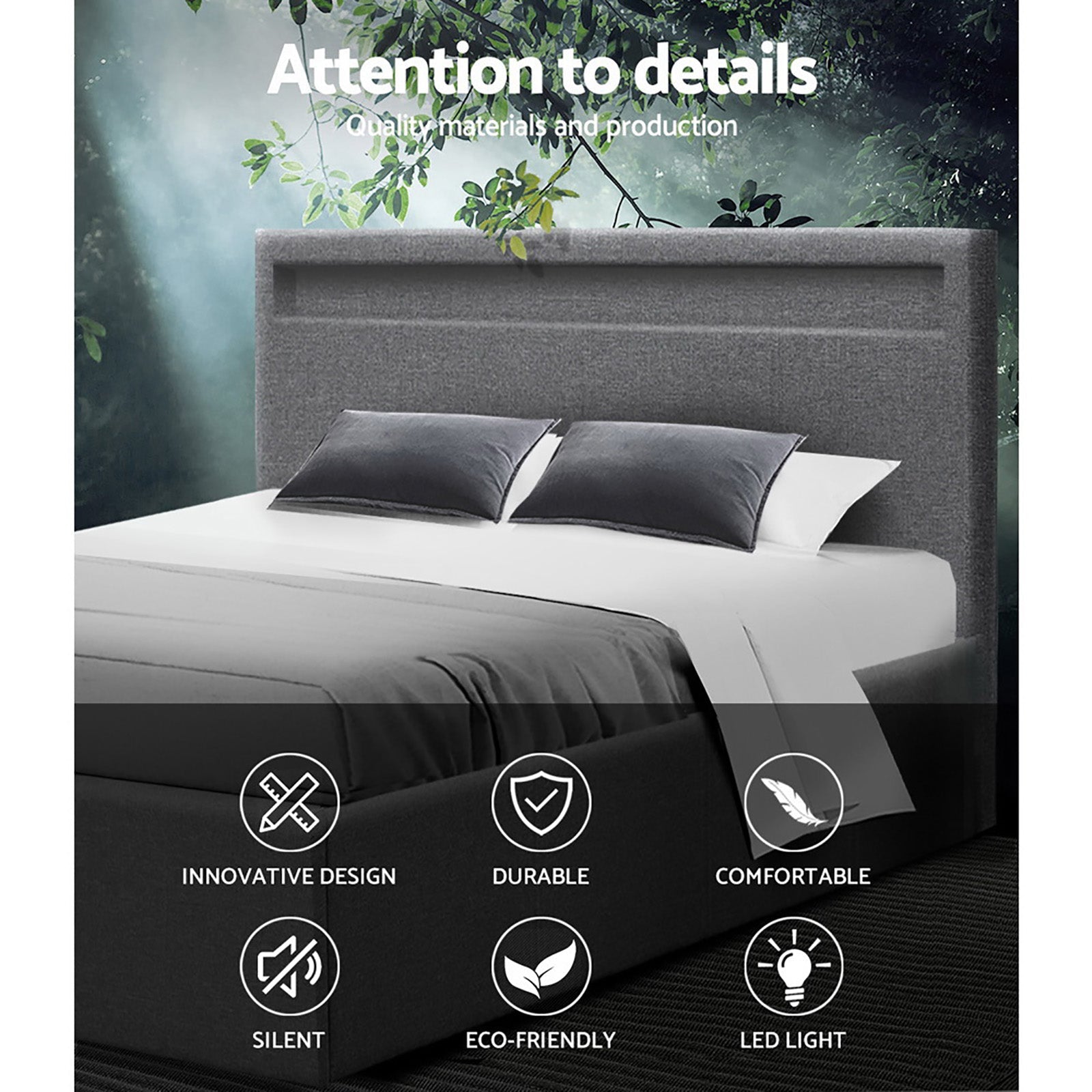 Artiss Bed Frame Queen Size LED Gas Lift Grey COLE Chez Guru
