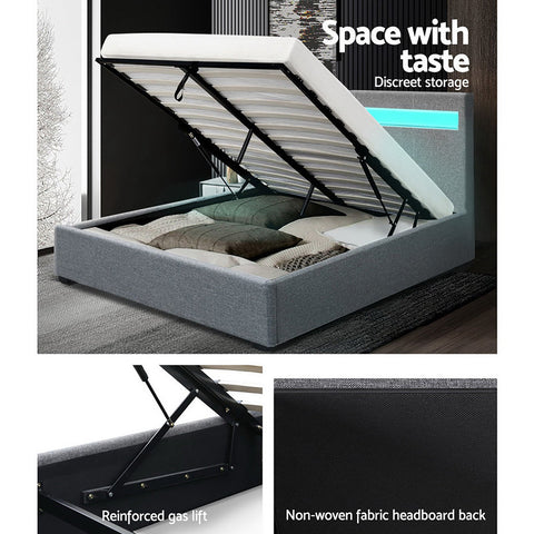 Artiss Bed Frame Queen Size LED Gas Lift Grey COLE Chez Guru