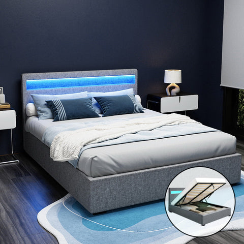 Artiss Bed Frame Queen Size LED Gas Lift Grey COLE Chez Guru
