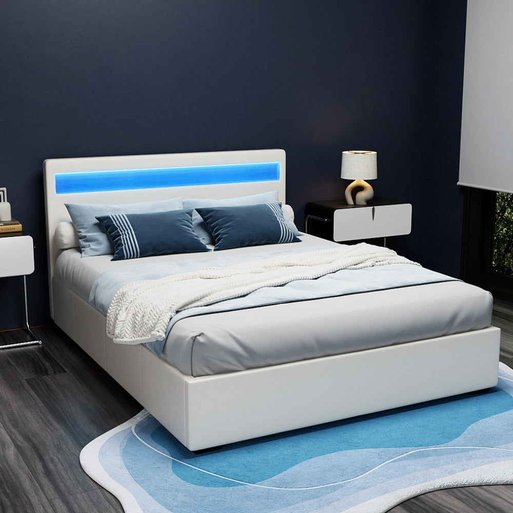 Artiss Bed Frame Queen Size LED Gas Lift White COLE Chez Guru