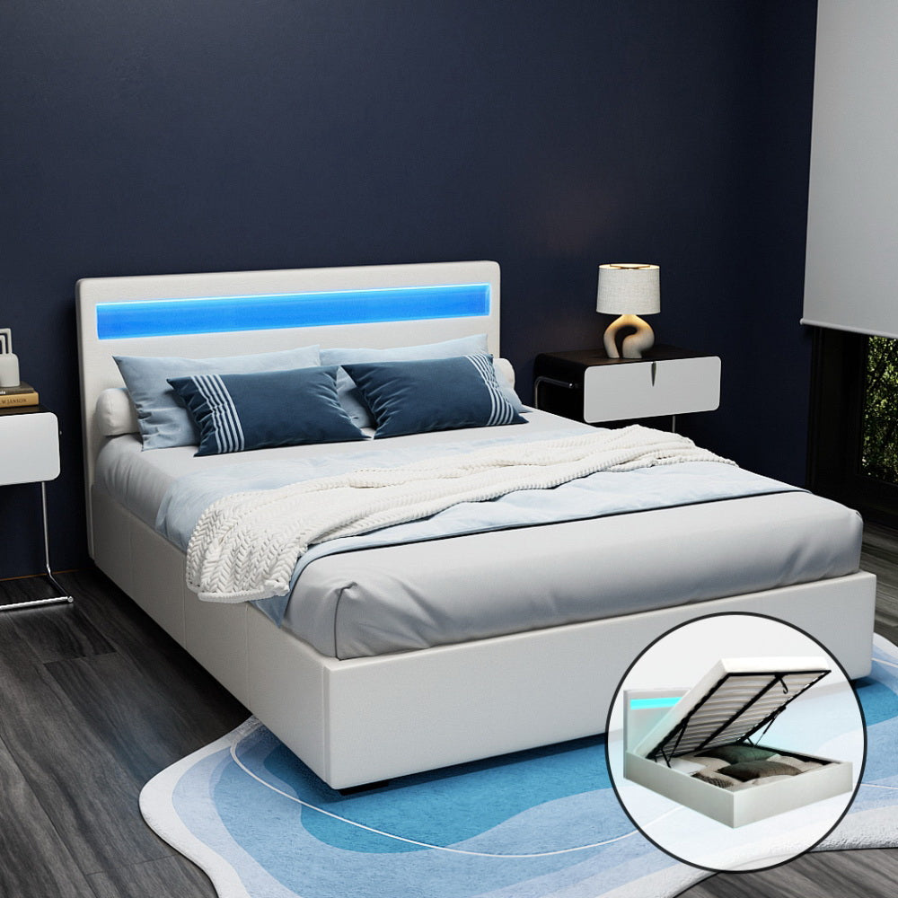 Artiss Bed Frame Queen Size LED Gas Lift White COLE Chez Guru