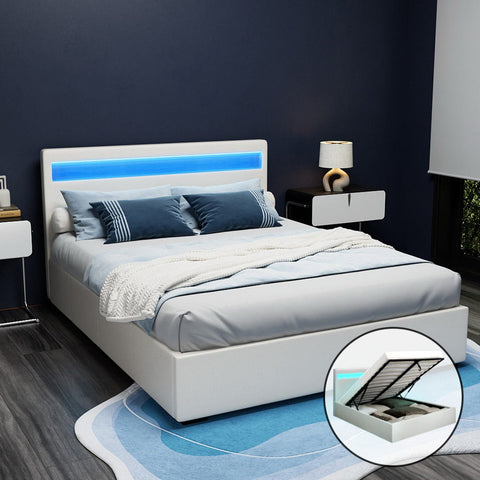 Artiss Bed Frame Queen Size LED Gas Lift White COLE Chez Guru