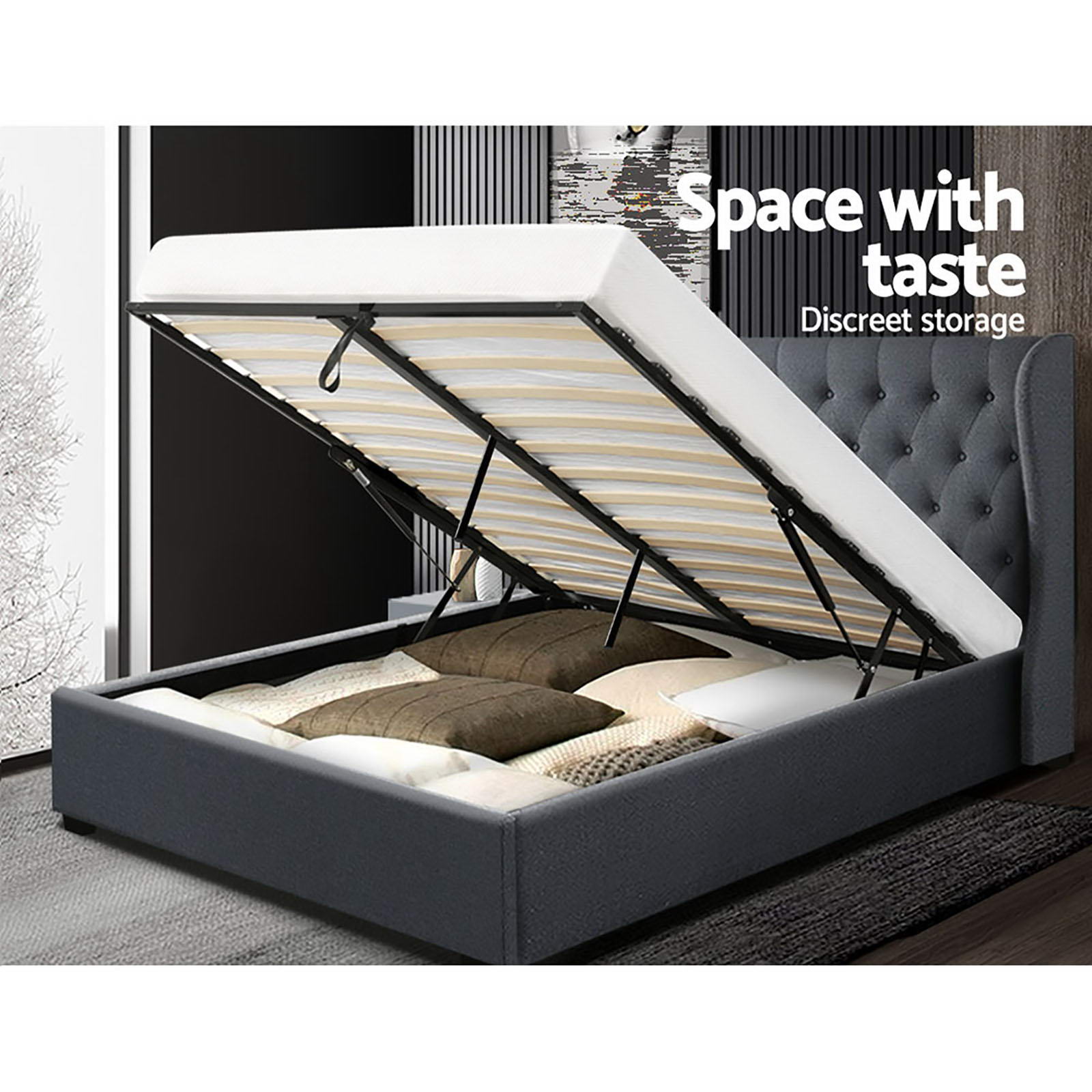 Artiss Bed Frame King Size Gas Lift Charcoal ISSA Chez Guru