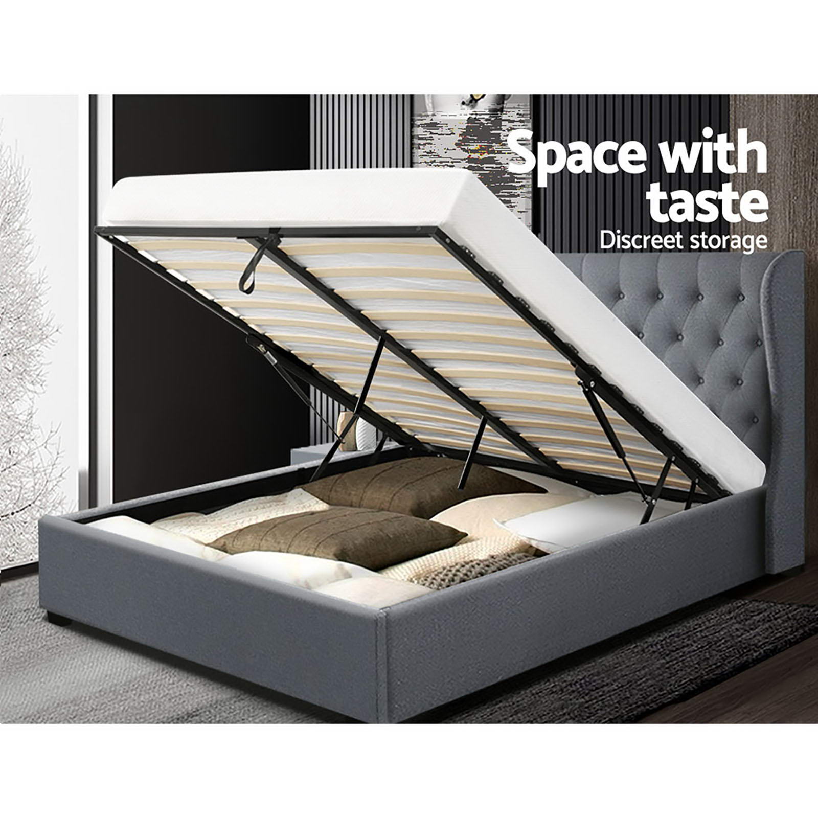 Artiss Bed Frame Queen Size Gas Lift Grey ISSA Chez Guru