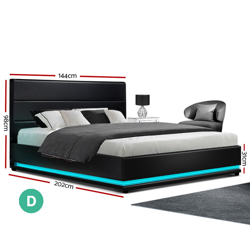 Artiss Bed Frame Double Size LED Gas Lift Black LUMI Chez Guru