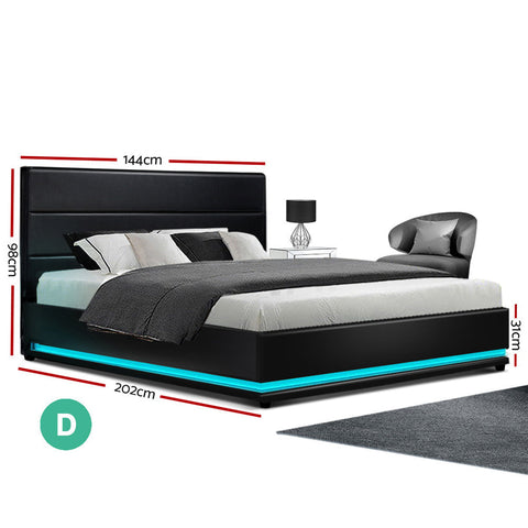 Artiss Bed Frame Double Size LED Gas Lift Black LUMI Chez Guru