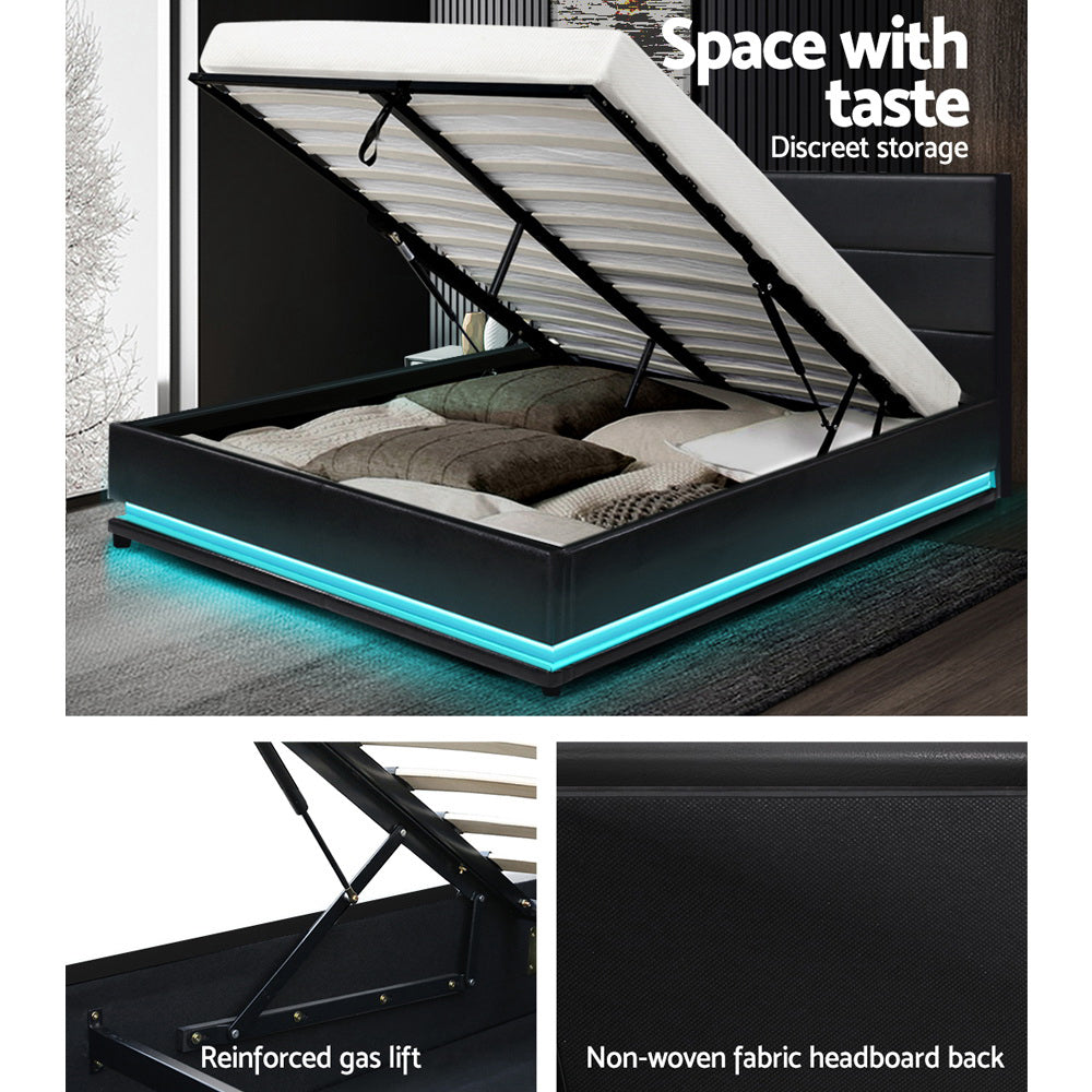Artiss Bed Frame Double Size LED Gas Lift Black LUMI Chez Guru