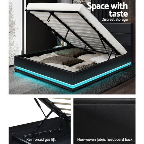 Artiss Bed Frame Double Size LED Gas Lift Black LUMI Chez Guru