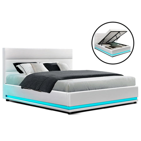 Artiss Bed Frame Double Size LED Gas Lift White LUMI Chez Guru