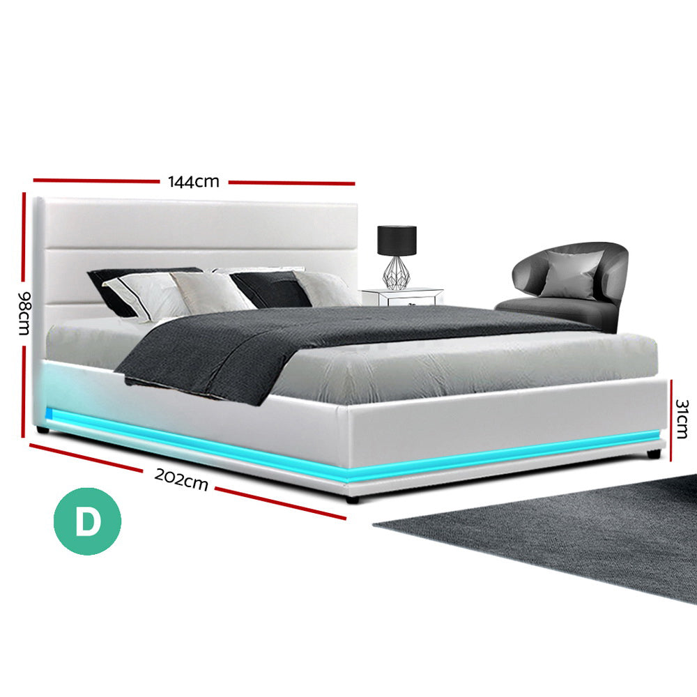 Artiss Bed Frame Double Size LED Gas Lift White LUMI Chez Guru