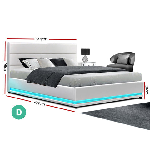 Artiss Bed Frame Double Size LED Gas Lift White LUMI Chez Guru