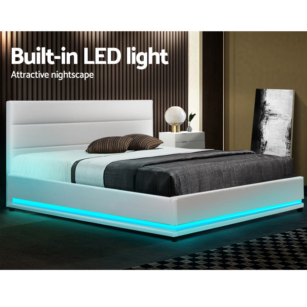 Artiss Bed Frame Double Size LED Gas Lift White LUMI Chez Guru