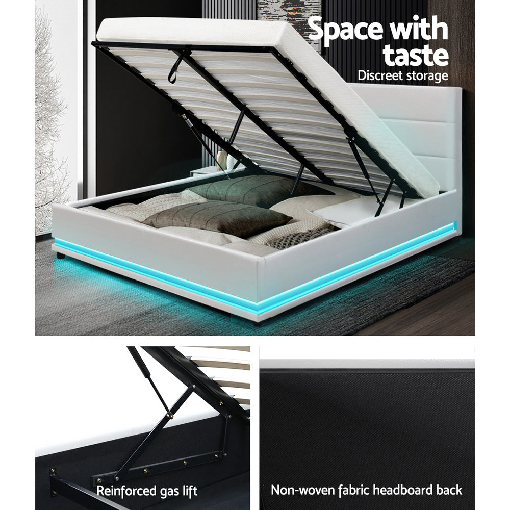 Artiss Bed Frame Double Size LED Gas Lift White LUMI Chez Guru