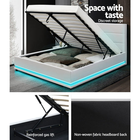 Artiss Bed Frame Double Size LED Gas Lift White LUMI Chez Guru