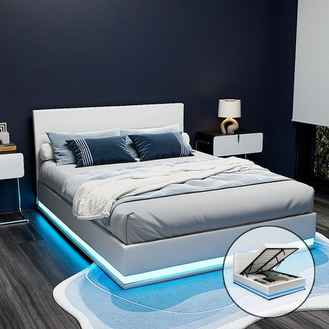 Artiss Bed Frame Double Size LED Gas Lift White LUMI Chez Guru