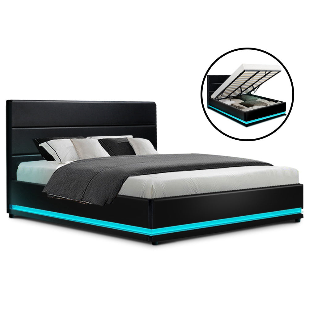 Artiss Bed Frame King Size LED Gas Lift Black LUMI Chez Guru