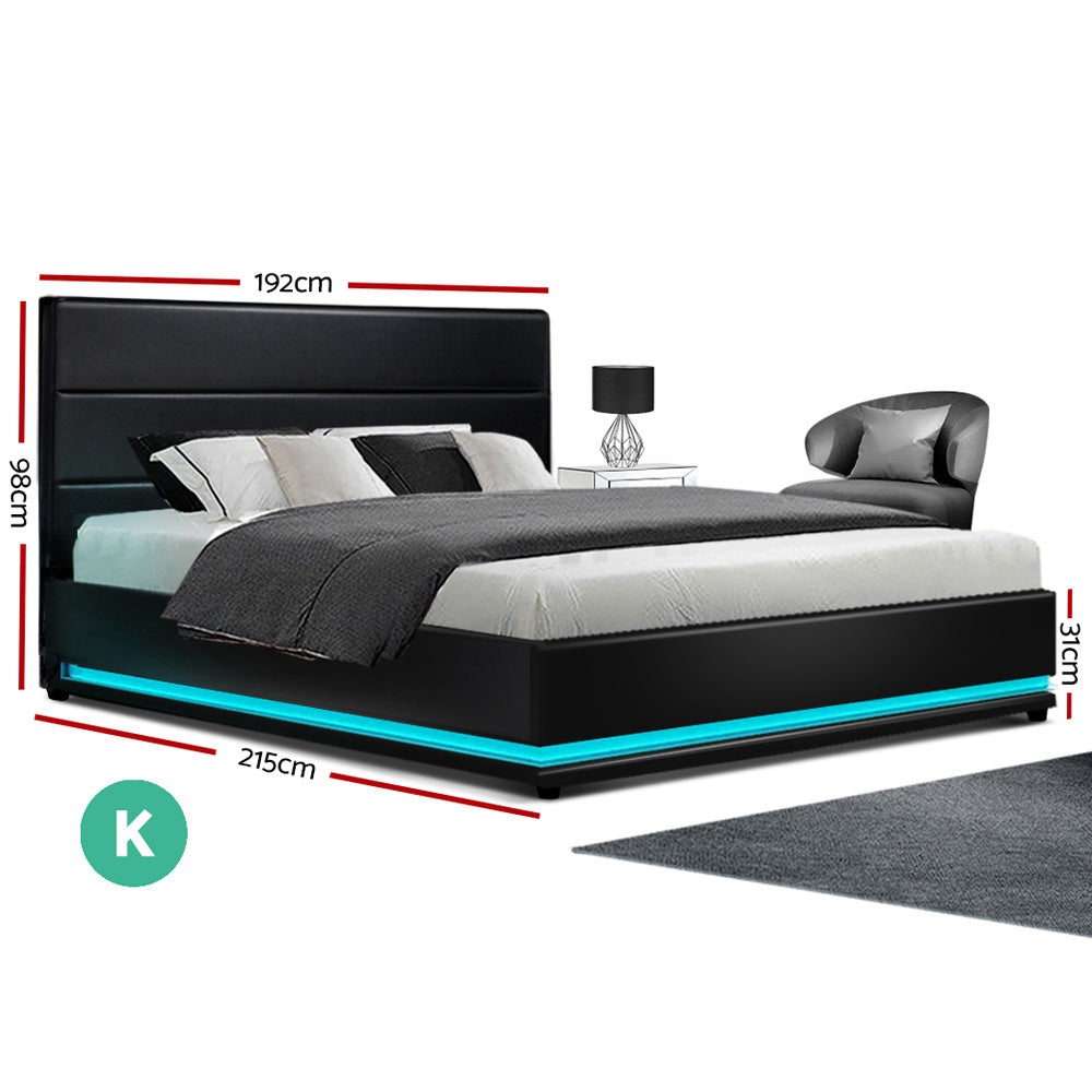 Artiss Bed Frame King Size LED Gas Lift Black LUMI Chez Guru