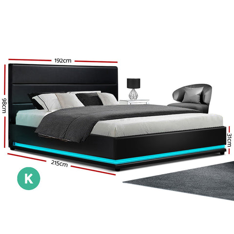 Artiss Bed Frame King Size LED Gas Lift Black LUMI Chez Guru