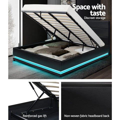 Artiss Bed Frame King Size LED Gas Lift Black LUMI Chez Guru