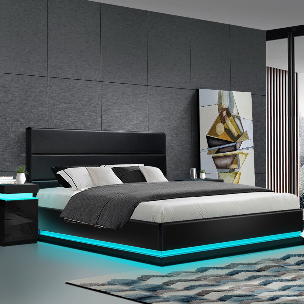 Artiss Bed Frame King Size LED Gas Lift Black LUMI Chez Guru