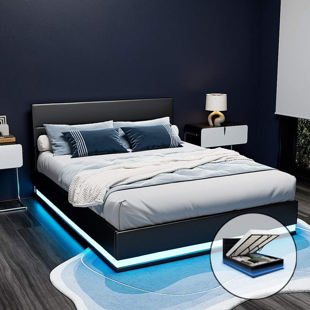 Artiss Bed Frame King Size LED Gas Lift Black LUMI Chez Guru