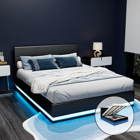 Artiss Bed Frame King Size LED Gas Lift Black LUMI Chez Guru