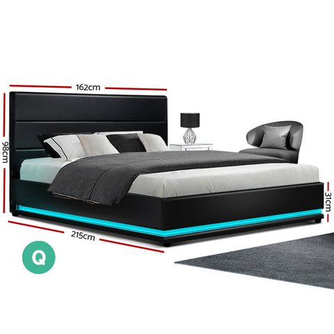 Artiss Bed Frame Queen Size LED Gas Lift Black LUMI Chez Guru