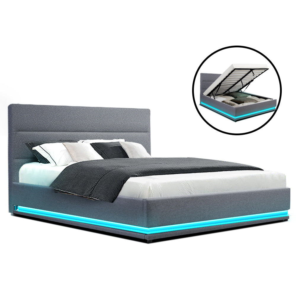 Artiss Bed Frame Queen Size LED Gas Lift Grey LUMI Chez Guru