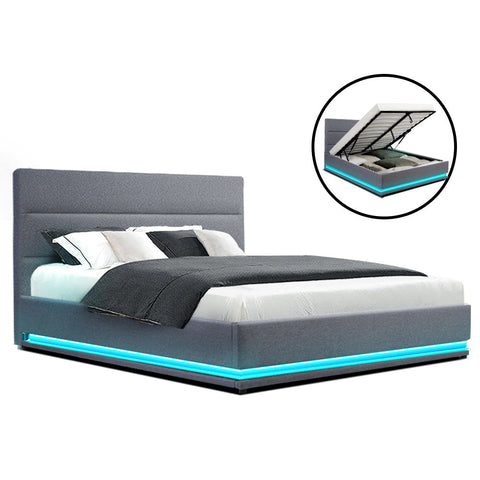 Artiss Bed Frame Queen Size LED Gas Lift Grey LUMI Chez Guru
