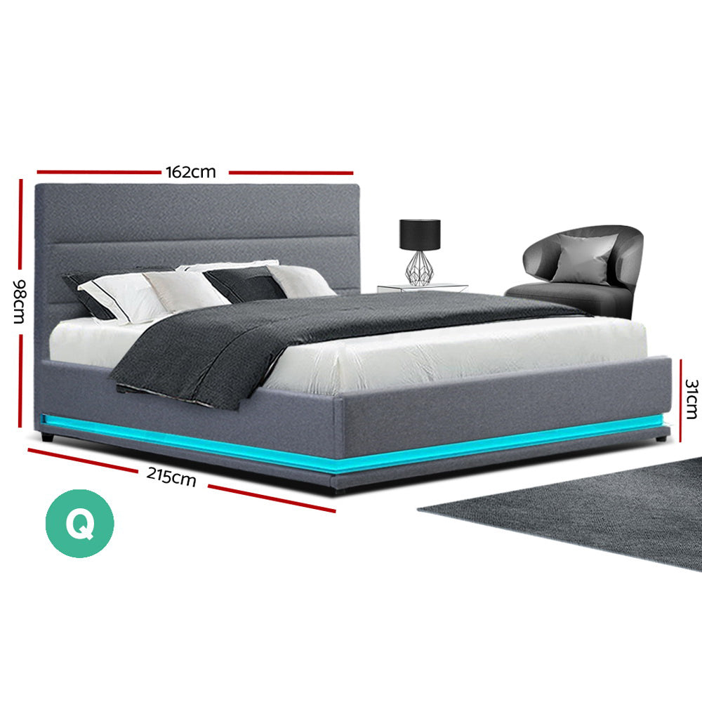 Artiss Bed Frame Queen Size LED Gas Lift Grey LUMI Chez Guru