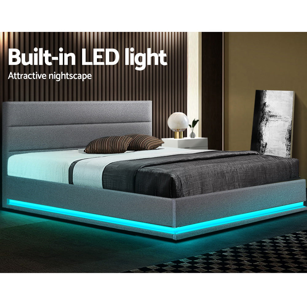 Artiss Bed Frame Queen Size LED Gas Lift Grey LUMI Chez Guru
