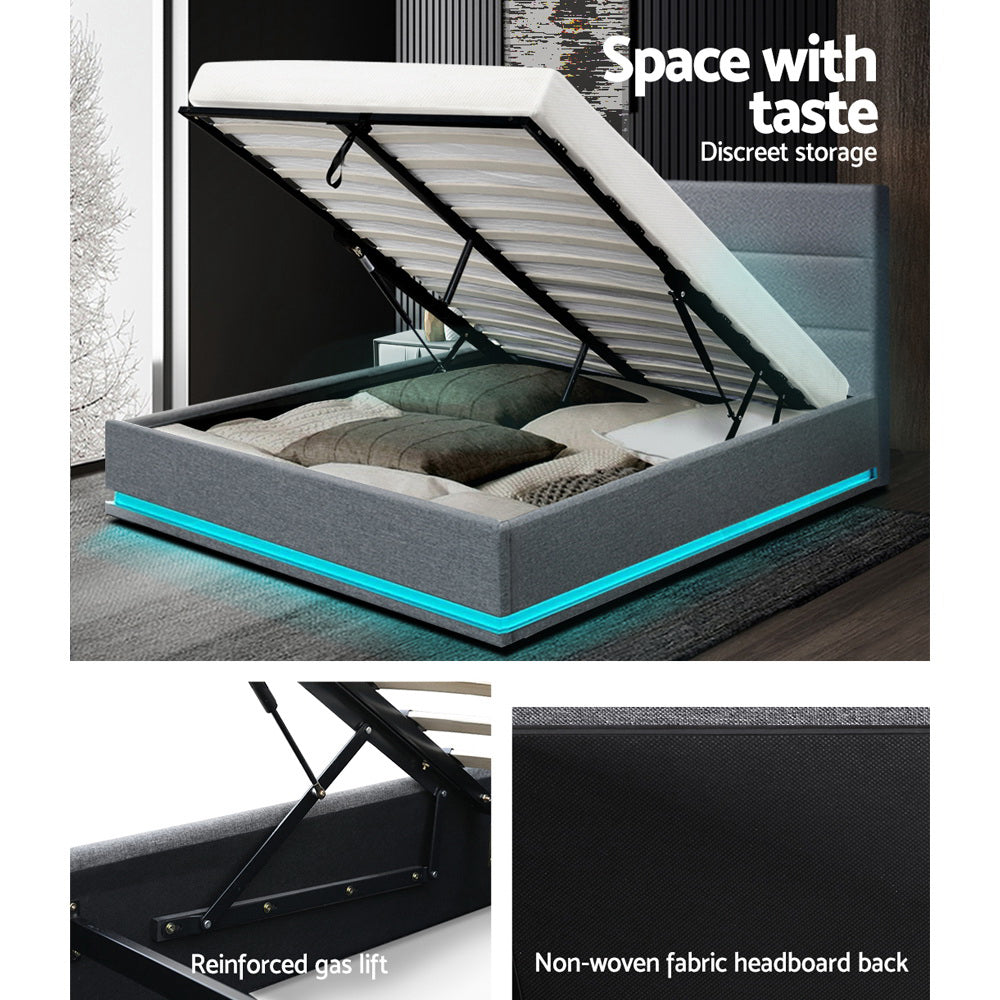 Artiss Bed Frame Queen Size LED Gas Lift Grey LUMI Chez Guru