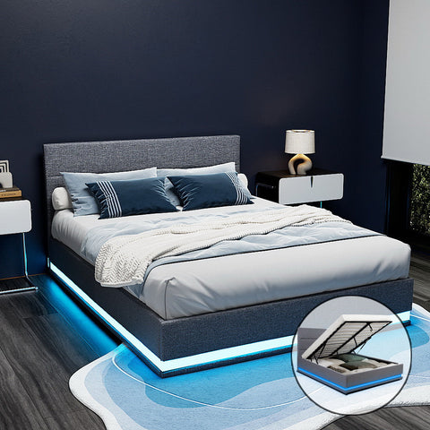 Artiss Bed Frame Queen Size LED Gas Lift Grey LUMI Chez Guru
