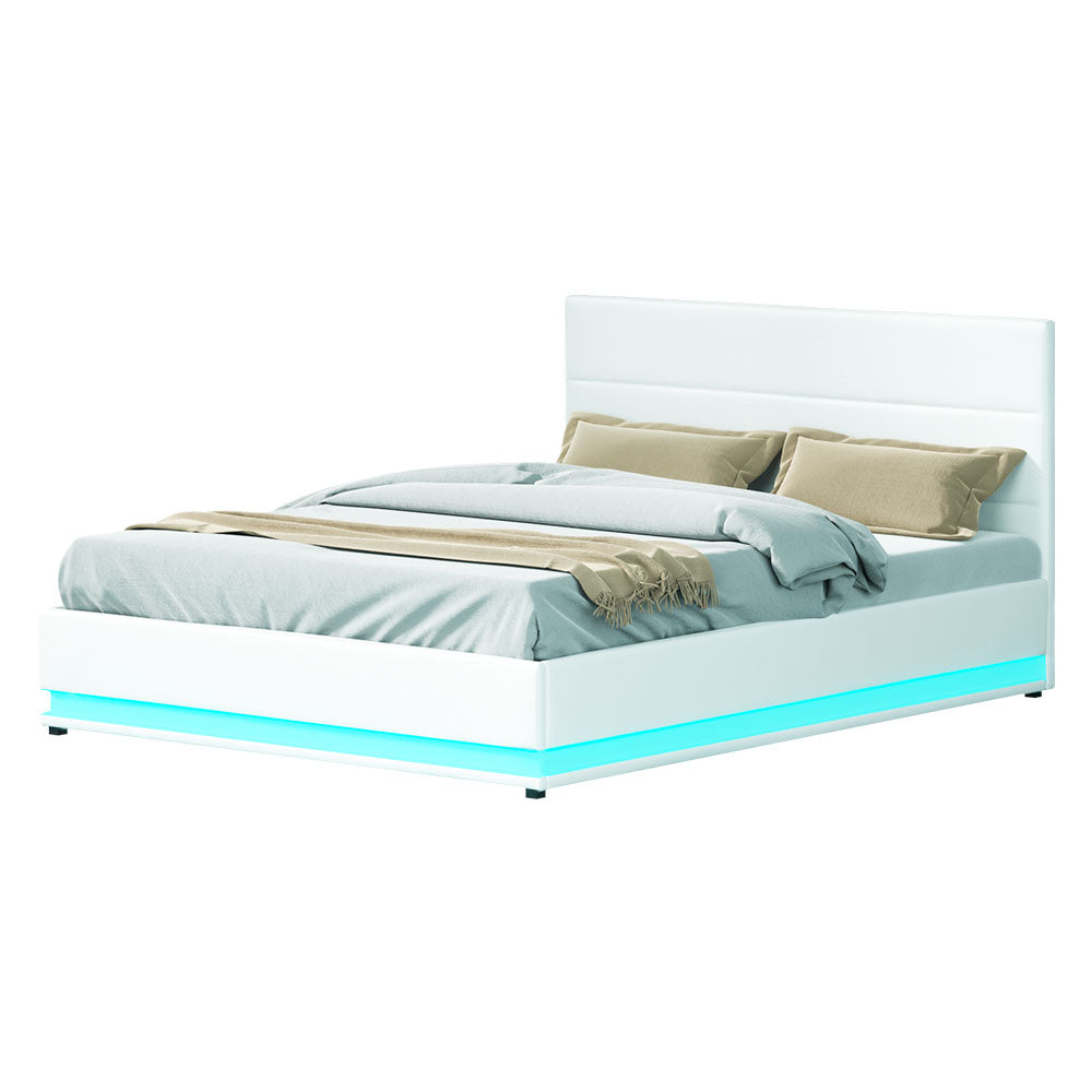Artiss Bed Frame Queen Size LED Gas Lift White LUMI Chez Guru