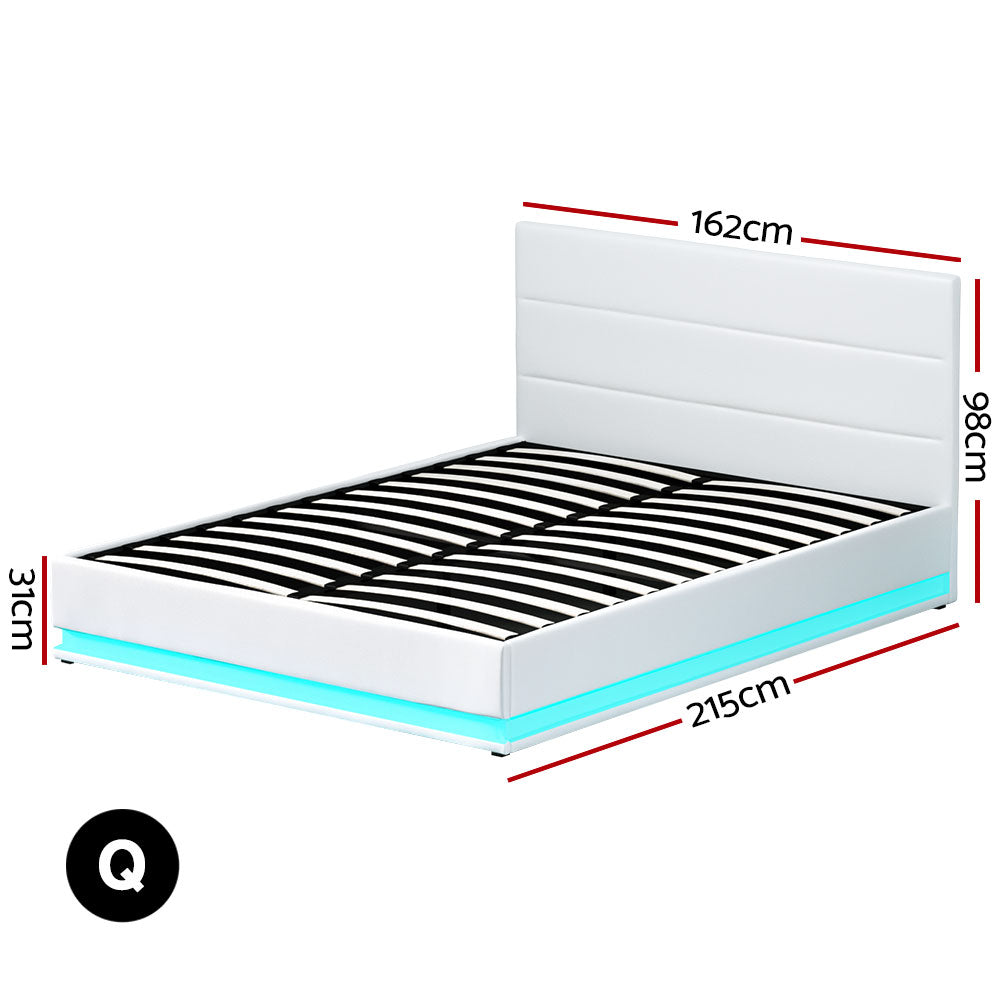 Artiss Bed Frame Queen Size LED Gas Lift White LUMI Chez Guru