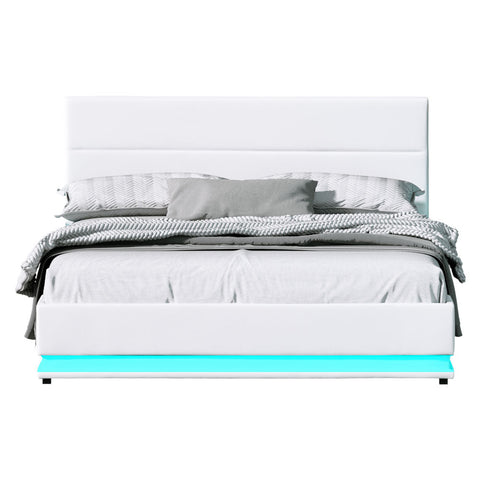 Artiss Bed Frame Queen Size LED Gas Lift White LUMI Chez Guru