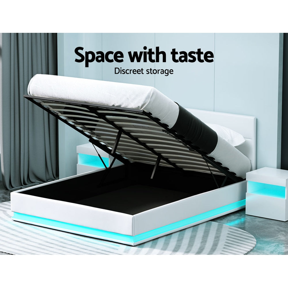 Artiss Bed Frame Queen Size LED Gas Lift White LUMI Chez Guru
