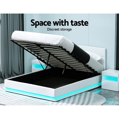 Artiss Bed Frame Queen Size LED Gas Lift White LUMI Chez Guru