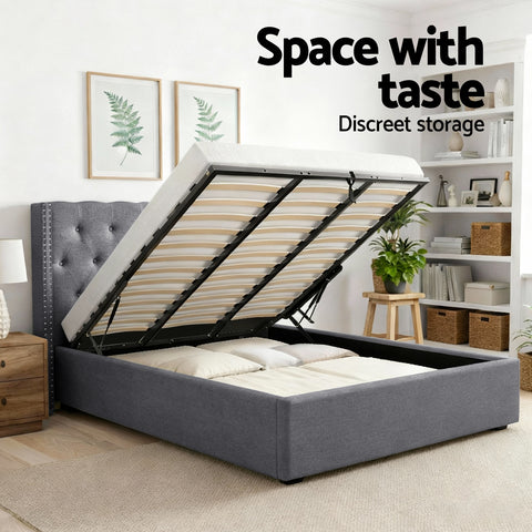 Artiss King Bed Frame Storage Tufted Headboard Gas Lift Base Grey
