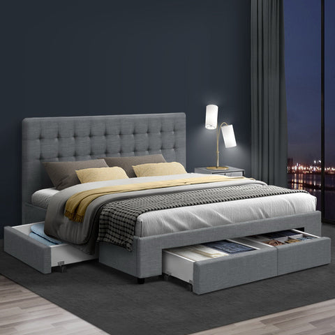 Artiss Bed Frame Queen Size with 4 Drawers Grey AVIO Chez Guru