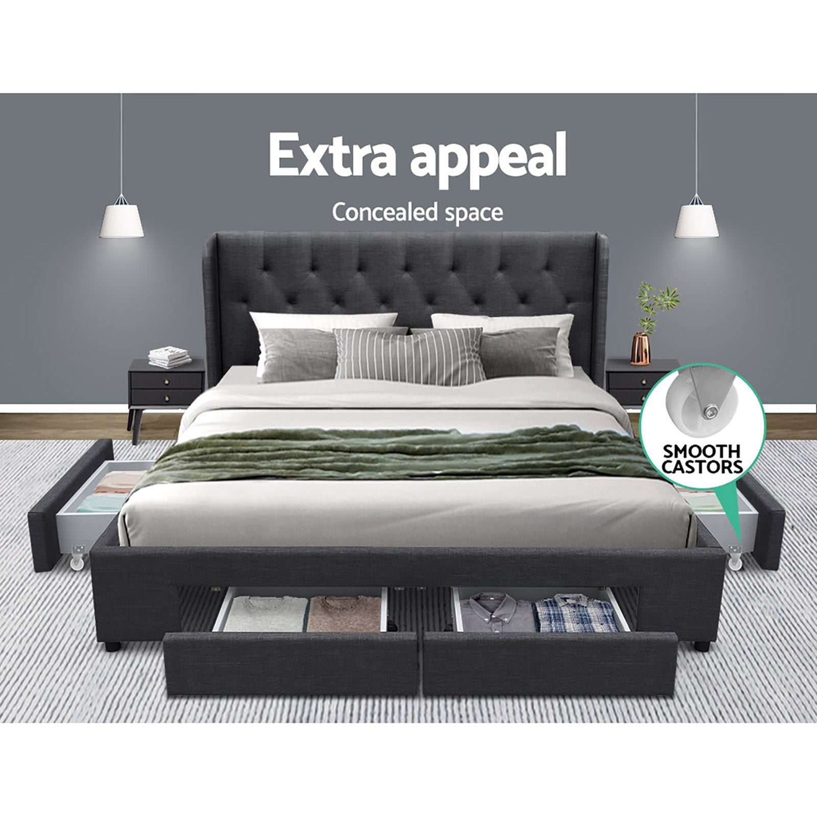 Artiss Bed Frame King Size with 4 Drawers Charcoal MILA Chez Guru