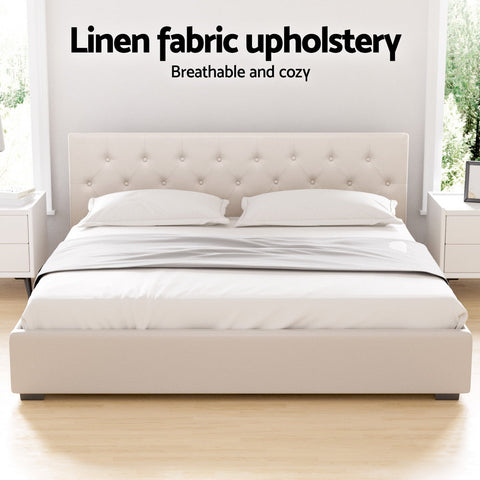 Artiss Bed Frame King Size Gas Lift Beige VILA Chez Guru
