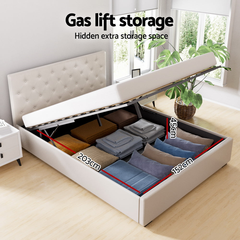 Artiss Bed Frame Queen Size Gas Lift Beige VILA Chez Guru