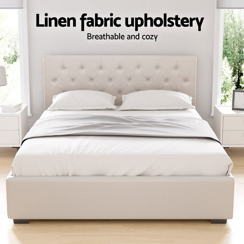 Artiss Bed Frame Queen Size Gas Lift Beige VILA Chez Guru