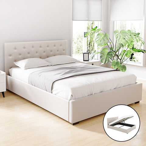 Artiss Bed Frame Queen Size Gas Lift Beige VILA Chez Guru