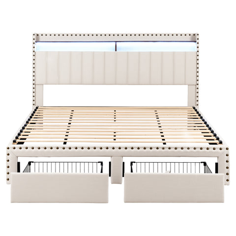Artiss King Upholstered Bed Frame with Shelf Storage Drawers Charging Station Mood Lighting Linen
