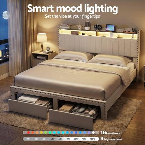 Artiss King Upholstered Bed Frame with Shelf Storage Drawers Charging Station Mood Lighting Linen