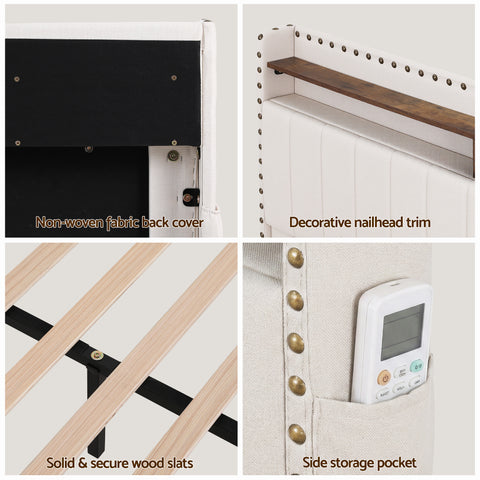 Artiss King Upholstered Bed Frame with Shelf Storage Drawers Charging Station Mood Lighting Linen