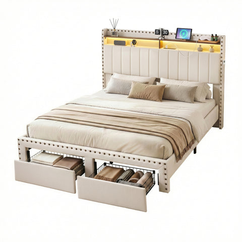Artiss King Upholstered Bed Frame with Shelf Storage Drawers Charging Station Mood Lighting Linen